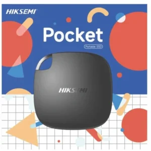 HikSemi Pocket T100 1TB Portable SSD HikSemi Pocket T100 1TB Portable SSD in matte black resting on a clean office desk.
