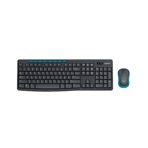 Logitech MK275 wireless keyboard and mouse combo in matte black resting on an office desk.