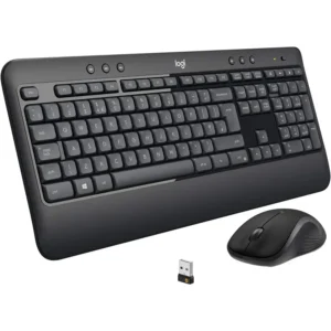Logitech MK540 Advanced wireless keyboard and mouse combo in matte black with integrated palm rest on an office desk