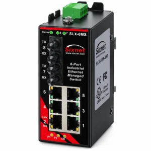 Red Lion Sixnet SLX-8MS-4ST 8-Port Industrial Managed Switch Front View on DIN Rail