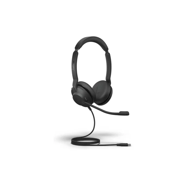 "Jabra Evolve2 30 MS USB-A stereo headset with noise-canceling boom arm and USB cable."