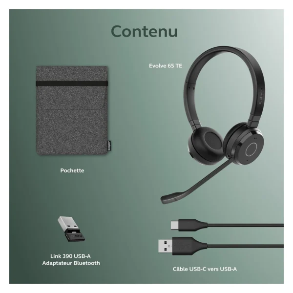 "Jabra Evolve 65 SE USB-A MS wireless stereo headset with boom arm microphone and USB-A Bluetooth adapter."