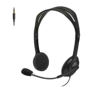 "Logitech H111 Headset with 3.5mm audio jack and rotating noise-canceling microphone arm."
