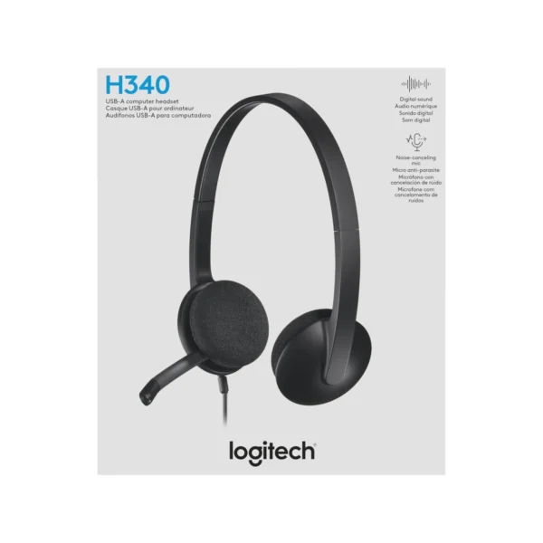 "Logitech H340 USB Headset with noise-canceling microphone arm and USB-A cable."