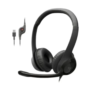 "Logitech H390 USB Headset with in-line volume controls and rotating noise-canceling microphone."