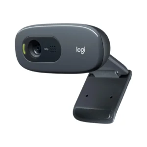 Logitech C270 HD webcam in matte black mounted on top of a computer monitor.