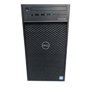 Dell Precision 3630 mini-tower workstation sitting upright displaying its front mesh ventilation grille, USB-C, and USB ports.