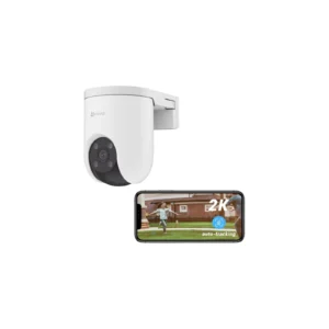 EZVIZ H8c Pro 2K 3MP outdoor security camera mounted on a wall showing its dual spotlights and pan-tilt dome. Angle View: Angled perspective of the EZVIZ H