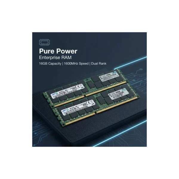 Ram 16GB DDR3 Server 5 16GB DDR3 ECC Registered server RAM module displaying its dual-rank memory chips and gold contact pins.